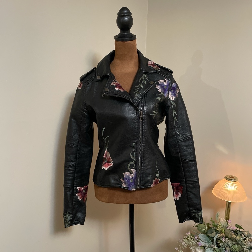 Floral Embroidered Black Leather Jacket